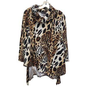 Vision USA Tunic Top Womens Small Animal Print Cowl Neck Long Sleeve BOHO Artsy‎